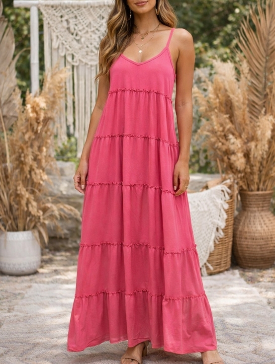 Zenana Outfitters Dresses & Skirts - Zenana Hot Pink Tiered Maxi Dress Boho Flowy Sleeveless Spaghetti Strap Summer